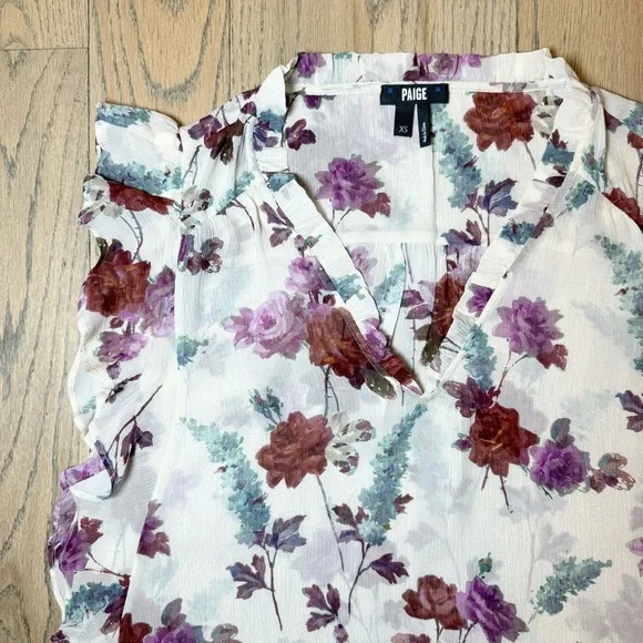 Paige Women’s Genie Floral Ruffle Sleeve Silk Sheer Blouse Top Size X-Small - Picture 5 of 14